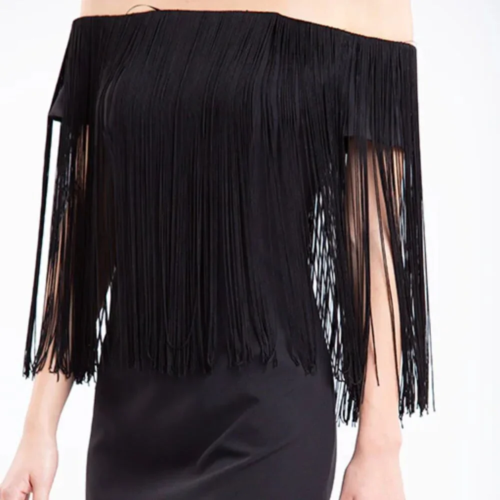 ✰ Black Fringed Zara Mini Dress - Off the Shoulder with Festival-Ready Style ✰ - Picture 3 of 15